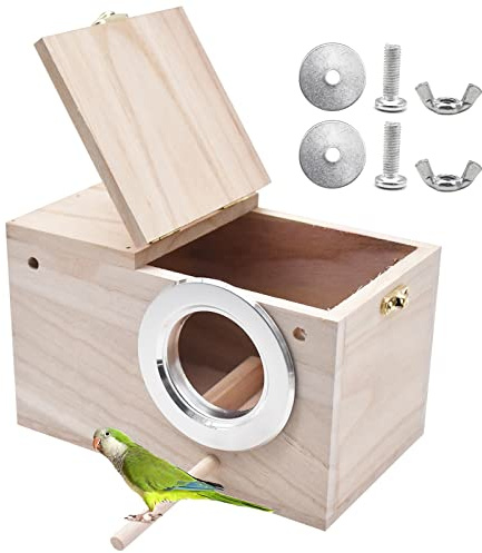 Qixuer 1 Pieces Wood Parakeet Nesting Box,Bird Breeding Box Parrot Breeding Nest Box Natural Wooden Birdhouses Small Birds Nest Parrotlets Mating Box for Parakeet Finch Lovebirds Cockatiel