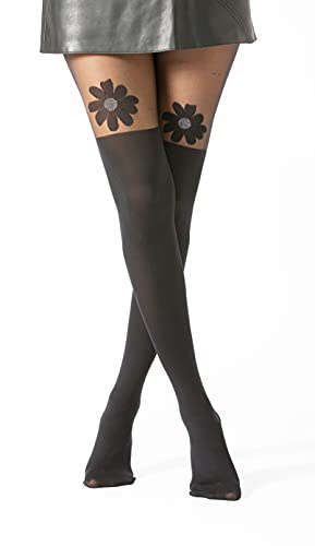 Gi&Gi Collant Donna con Design a Cuore, Calze Eleganti in Nylon, Nero, Motivo Mock Over-Knee (IT, Testo, S, M, Regular, Regular, Girasole di design nero)