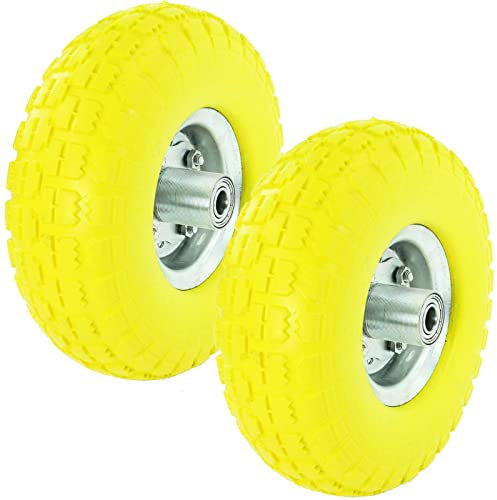 SPARES2GO 10 Solid Yellow 4.10/3.50-4 Rubber Wheelbarrow Tyre & Axle Wheel Bearing for Cart Barrow Trolley (Pack of 2)