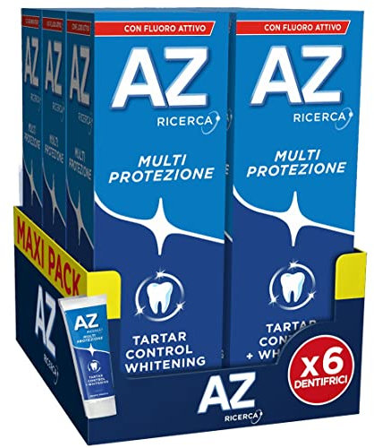 Dentifricio AZ Multi Protezione Tartaro Control, con Azione Sbiancante, Previene il Tataro, Extra Freschezza, Rimuove le macchie superficiali, Maxi Formato da 6 Confezioni X 75ml