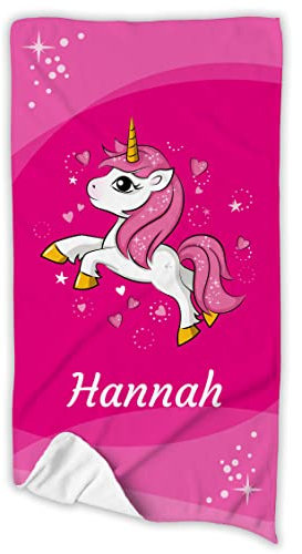 Unikatolo Einhorn Badetuch mit Name personalisiert 70 x 140 cm | pink, rosa Handtuch Strandtuch vollflächig Bedruckt Geburtstag Ostern Fotogeschenk Geschenk Mädchen