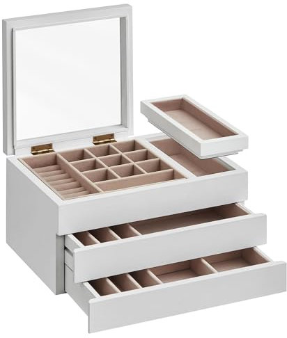 SONGMICS Wooden Jewellery Box with Clear Lid, 3-Layer Jewellery Organiser, 2 Drawers, Small Removable Tray, Solid Wood Veneer, Soft Velvet Lining, Floating Effect, Gift Idea, Snow White JOW016W01