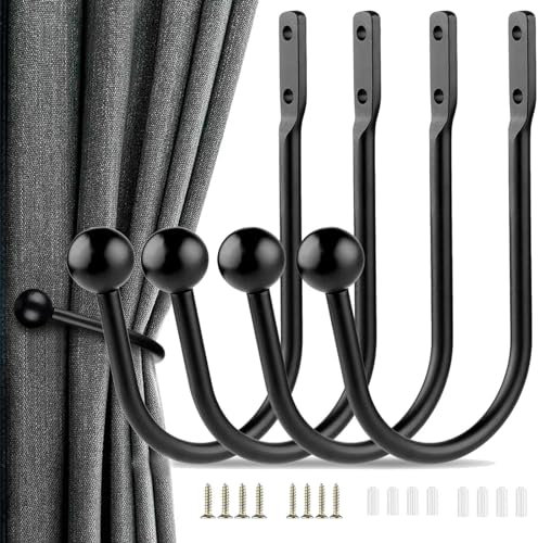 Curtain Tie Backs Hooks 4 Pack Black Curtain Holdbacks Elegant Curtain Tiebacks Metal Tie Back Hooks for Curtains Holder Wall Hooks with Screws