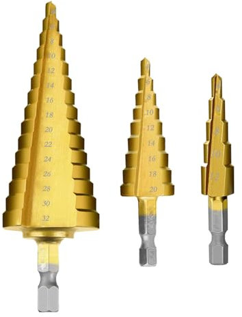 HSS Step Bits, 3 PCS High Speed Step Drill Bit Set 4-12mm 4-20mm 4-32 mm Steel Titanium Coated Cone Drill Bits Hole Cutter for Wood Stainless Steel Sheet Metal (Gold)