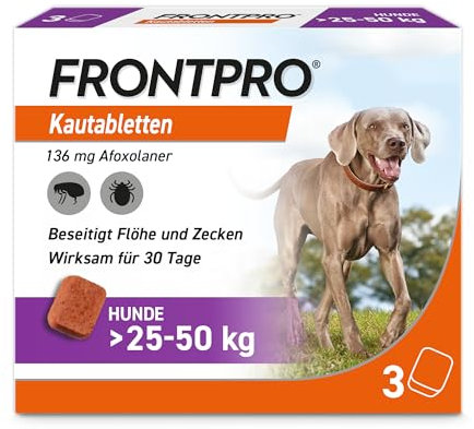 FRONTPRO Hund XL - Kautablette gegen Zecken & Flöhe (große Hunde 25 bis 50 kg) - 3X Kautabletten für 3 Monate Schutz
