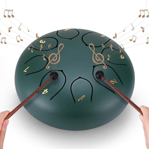 Couleeur Steel Tongue Drum, 6 Pollici 8 Note Handpan Strumento Musicale,Tamburo in Acciaio,Strumento a Percussione Tamburo per Meditazione,Yoga, Educazione Musicale,Guarigione del Suono (verde scuro)