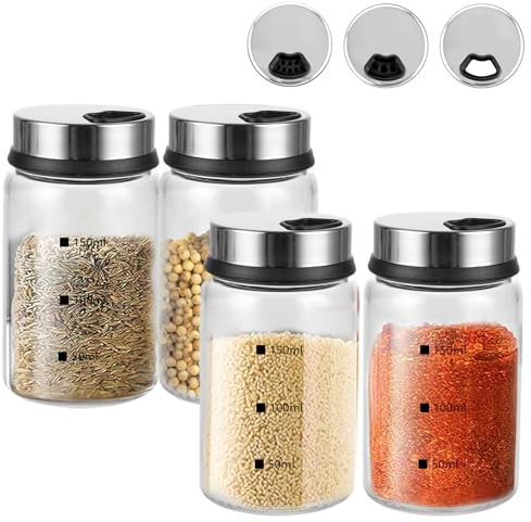 Oungy Lot de 4 pots à épices avec couvercle rotatif, 150 ml, en verre borosilicate, avec 3 types de trous pour épices, bocaux à épices en verre pour la cuisine, les barbecues en plein air, les