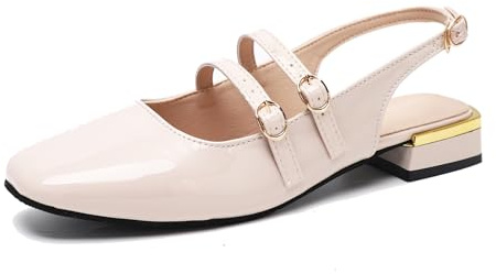 Fudaolee Sandalias Mujer Mary Jane Bailarina Elegante Zapatos de Talón Mocasines de Cuero Loafers de Bajo Zapatos Planos con Doble Hebilla Beige EU 38=CN 39
