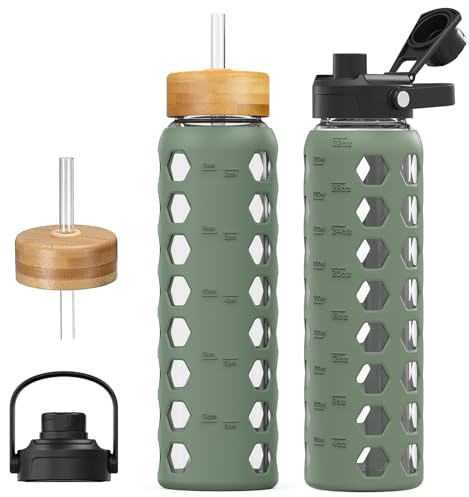 MUKOKO Glass Water Bottles, 32oz Glass Tumbler with Straw, Drinking Bottles with 2 Lids-Handle Spout Lid&Bamboo Straw Lid, Motivational Water Bottle with Time Marker and Silicone Sleeve, 1 Pack-Olive
