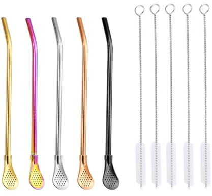 Bombilla Yerba Mate Straws, 5 Pack Reusable Colorful Tea Coffee Cocktail Stainless Steel Straws 8.2 inch Long Spoon Straws，Coffee Stirrer Stick for Iced Tea, Cocktail, with 3 Cleaning Brush