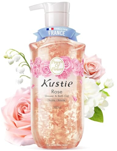 Kustie Rose Anti-Aging-Parfüm-Duschgel, echtes Blüten- und Rosenöl, 24-Stunden-Duft und tiefenwirksame Feuchtigkeitsreinigung, entfernt freie Radikale für empfindliche und trockene Haut, 380 ml