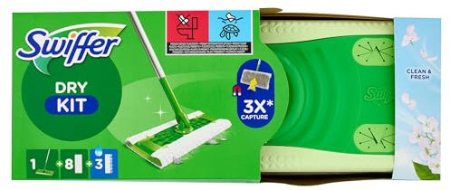 Swiffer Scopa e Lavapavimenti, 1 Manico, 4 Panni Catturapolvere e 2 Panni Lavapavimenti, Cattura Polvere e Sporco, Ottimo per Tutti i Tipi di Pavimenti e per i Peli di Animali