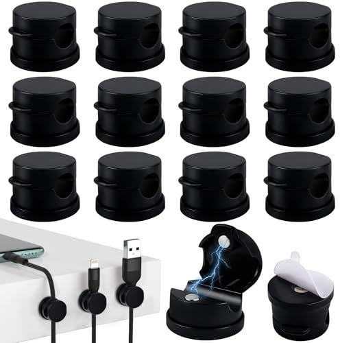 MINISOISO Clips Câble, 12 Pièces Organisateur Câble Magnetique, Organisateur de Câble Avec Auto-Adhésifs pour Bureau, Table de Nuit, Câble d'alimentation, HDMI, Câble de Chargement