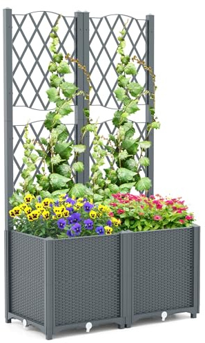 COSTWAY Blomlåda med växtgaller, planteringslåda för klätterväxter, planteringskruka med insynsskydd, upphöjd bädd med spaljé och självbevattning, blomkruka för trädgård, gård, balkong (grå, 80 x 40 x