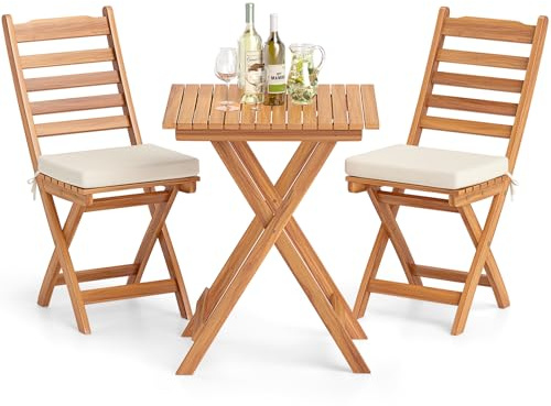 COSTWAY Set Bistro da Esterno in Legno di Acacia, Tavolo e 2 Sedie Pieghevoli con Cuscini, Tavolo Portata 80 kg/Sedia Portata 180 kg (Modello 1)