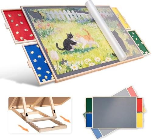 1500 Pieces Tilting & Rotating Puzzle Board, with Non-Slip Tabletop & Protective Cover, Sort-Wise Colorful Felt Drawers, Portable Wooden Jigsaw Puzzle Table for Adults, Birthday Gifts for Mom