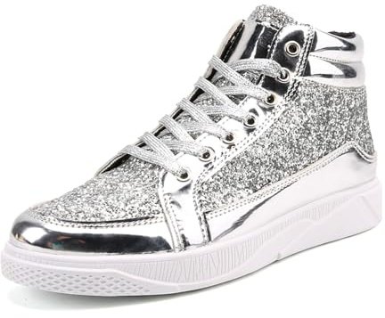 Generisch 2026 Moda Uomo Luminoso con Paillettes Spesse Alto Top Scarpe Casual Comode Sneakers Diabetic Scarpe Soft Uomo, argento, 45 EU