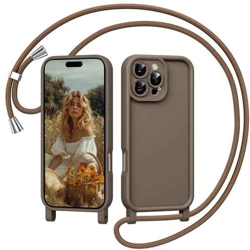 Coiwxmoi Fodral för iPhone 15 Pro 6,1 tum med snodd, fodral med snöre halsband justerbar axelrem tunn mjuk silikon TPU stötdämpare anti-repor skyddande fodral för iPhone 15 Pro, khaki