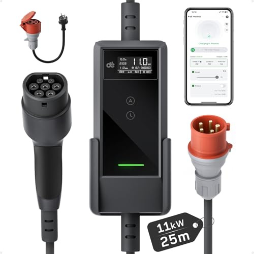 dé Mobil laddbox på 11 kW med app (25 m, 3-fas, 6–16 A), laddkabel för elbil, CEE 16 A/400 V till Typ 2 med justerbar laddeffekt, elbilsladdare för ID.3/4/5/7, IX1, Model 3/Y och andra BEV/PHEV