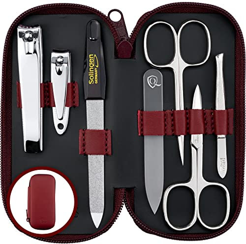 marQus Maniküre Set Damen und Herren Solingen Made in Germany 7 Teile mit patenierter Glasfeile für Hand- und Fußpflege - Echt Leder Etui handlich und weich