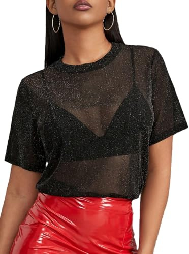 MakeMeChic Women's Sparkly Tops Mesh Sheer Short Sleeve Concert Outfits Sequin See Through Black T Shirts Blouse B Black Large