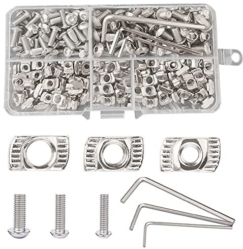 Belvanr Série 20 écrous à Rainure en T 183 Piéces M3 M4 M5 T-Nuts en Acier au Carbone Nickelé Écrous en T Assortiment Kit T-fente Écrou de Tête de Marteau en Acier au Carbone Revêtu de Nickel
