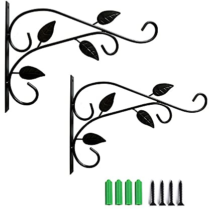 Lot de 2 crochet muraux pour plantes et pots suspendus, supports muraux de jardin en fer forgé, fleurs pour balcons, jardin et maison, vis incluses (noir)