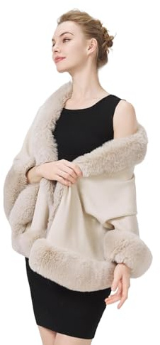 BEAUTELICATE Faux Fur Shawl Winter Wedding Wraps Bridal Bridesmaids Stole Shrug Women Knitted Cape Cardigan(One Size, Beige)