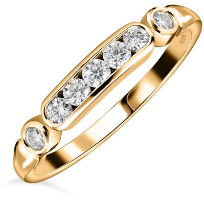 TJC Moissanite Seven Stone Ring for Women in Yellow Gold Plated 925 Sterling Silver Size N Channel Setting Metal Wt. 1.65 Grams