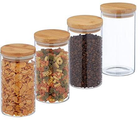 Relaxdays Lot de 4 bocaux en Verre avec Couvercle Bambou, Bocal Conservation, 1000 ML, hermétique, Transparent/Naturel