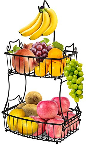 Bomclap Obstkörbe 2 Stöckig Obstkorb Metall Draht mit Bananenhalter Zeitgemäße Obstschalen Gemüsekorb Täglicher Küche Lagerung Früchtekorb (Schwarz)