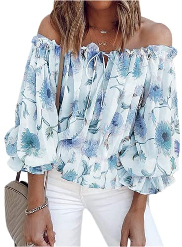 OHXSM Camicette da Donna con Spalle Scoperte Floreali a Maniche Lunghe con Stampa Floreale Camicie estive Sexy Camicetta con Spalle Scoperte Floreali Casual Estiva Top per Camicia da Donna in Chiffon