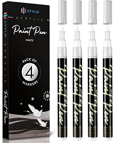 Stylo White Acrylic Paint Pens, 4 White Pens for Dark Card, Fine Tip | 0.7 mm Japanese nib, opaque white ink, black card, kraft paper, slate, terracotta, glass, stone