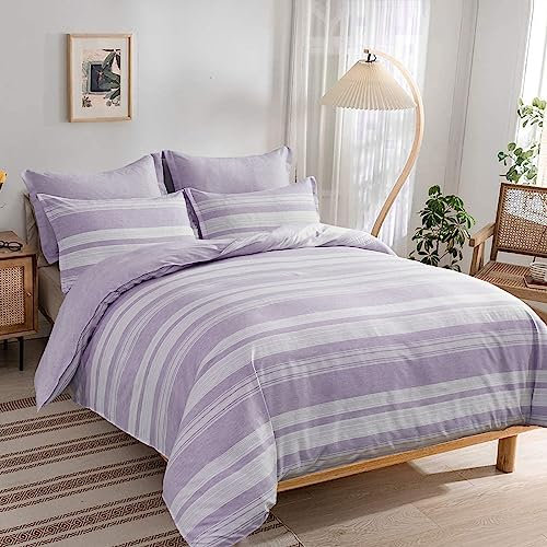 Stripe Duvet Cover Double Size Lilac Reversible Quilt Cover Soft Microfiber Bedding Set with 2 Pillow Cases (Lilac, 200x200cm)