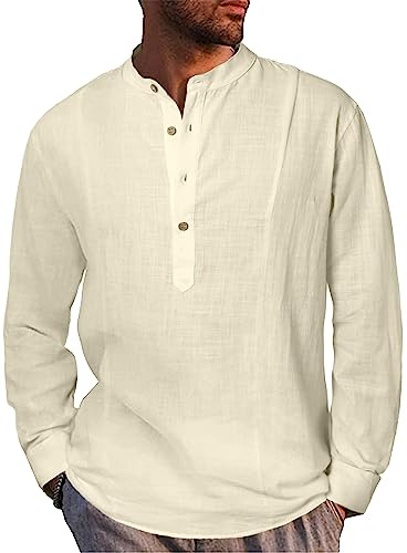 LVCBL skjorta herr Henley långärmad skjorta bomull linne skjorta vår sommar fritidsskjorta normal passform casual skjorta, Beige, XXL