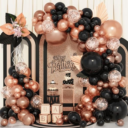 Rose Gold Black Balloons Arch Kit, 134Pcs 5 12 18 Inch Rose Gold Metallic Confetti Balloons Garland for Birthday Wedding Party Baby Shower Anniversary Party Decoration Supplies