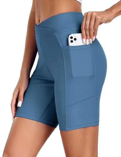 Ekouaer Badshorts för kvinnor, badbyxor, hög midja, snabbtorkande boardshorts med ficka, vattensport, simshorts, bikinishorts, S–2XL, Mörkblå, S