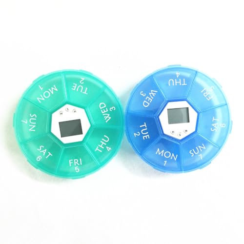 Elektronische Pillendose zur Erinnerung, 2 Stück, automatische Medikamentenerinnerung, 7 Tage Pillen-Organizer mit Timer für Rezepte, Vitamine und Nahrungsergänzungsmittel (Grün & Blau)