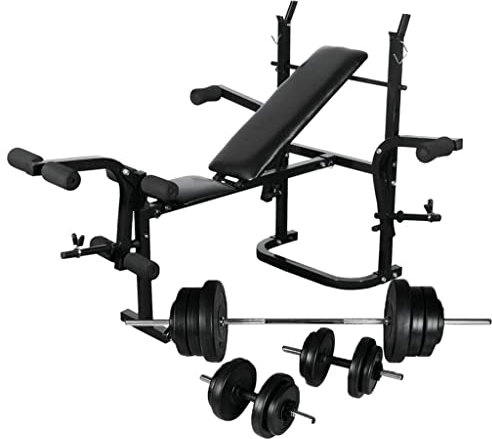 Exercise & Fitness Hantelbank mit Hantelablage, Langhantel und Kurzhantelset 60,5kg Sportartikel