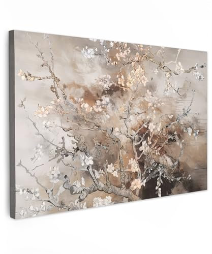 MuchoWow© Bild auf Leinwand Groß 120x80 cm XXL Schlafzimmer Bilder Badezimmer Wand Deko Wohnzimmer Modern Wanddeko Bilderwand Geschenk Mandelblüte - Kunst - Van Gogh - Beige - Abstrakt