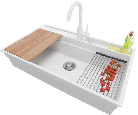 PRIMAGRAN Lavandino da Cucina Bianco 88x53cm, Lavello in Granito a 1 vasca + Rubinetto 32x20cm + Set di accessori, Lavabo Incasso al mobile 90cm - Oslo Pocket S296