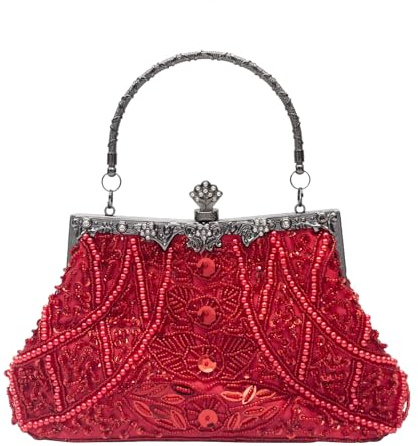CORIOS Vintage 1920s Sac de Soirée Perle Embrayage pour Femme Paillettes Pochette Sacs à Main D'épaule de Mariée Élégant Sacs Fourre-Tout pour Ceremonie Mariage Fête Cocktail Rouge