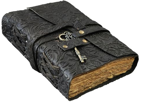 Diario in pelle goffrata con chiave antica, pagine vintage, fatto a mano, in pelle, diario di viaggio, libro delle ombre, grimorio in pelle (nero, 20,3 x 15,2 cm)