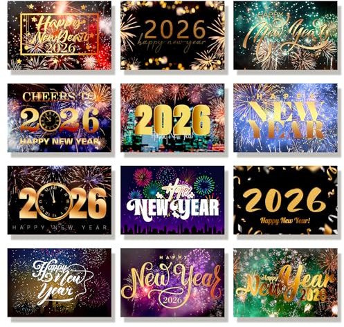 Konsait 2026 New Years Cards, 24 Pack Colorful Foil Fireworks Happy New Year Cards with Envelopes and Stickers,12 Design