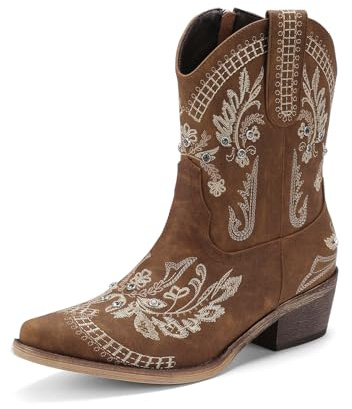 Krypthixor Brown Rhinestone Ankle Cowboy Boots for Women Embroidered Short Cowgirl Boots with Chunky Low Heel Square Toe Comfortable Western Booties for Prom Party Wedding Pull On Shoes Size 10