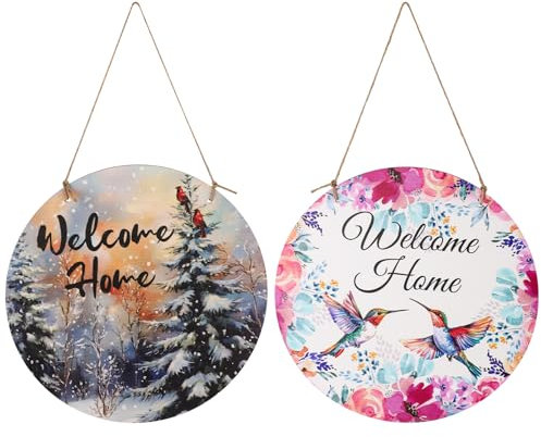 Cartello di Benvenuto per Porta Primaverile e Invernale, in Legno Rotondo con Fiori Uccelli Cardinali Albero di Pino per La Decorazione Della Porta di Casa Portico Finestra Muro Cortile
