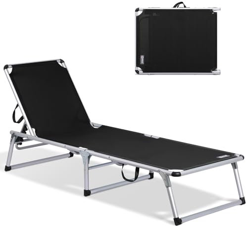 Homecall Sonnenliege Gartenliege Leicht Sonnenliege Klappbar Alu Liegestuhl Strandliege, 5 Fach Verstellbare Rückenlehne, 190 x 60 cm Sonnenschutzdach, bis 136KG (Ohne Sonnendach-Schwarz)
