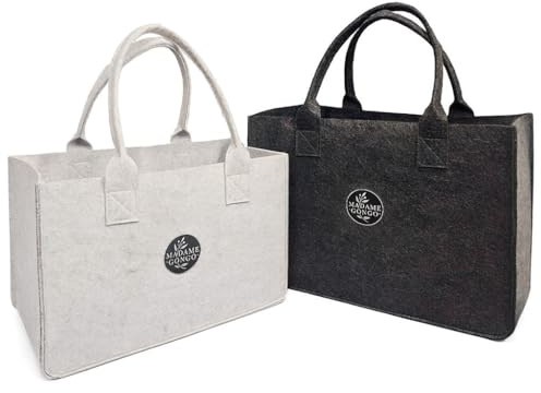 MADAME GONGO Set di 2 borse in feltro XL & L Borsa della spesa con manici, pieghevole, robusta, ideale per la spesa, riviste e legna da ardere, shopper, borsa in feltro, cestino, cestino in feltro
