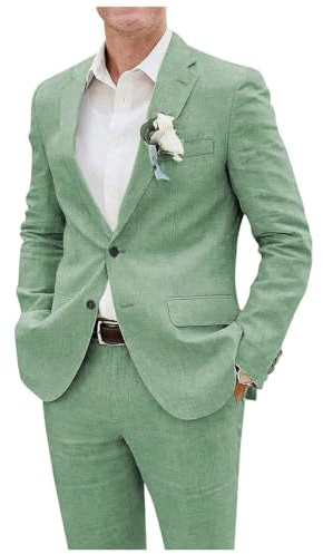 Costume en lin pour hommes 2 pièces avec blazer et pantalon à revers à encoche à simple boutonnage, léger, smoking pour mariage professionnel, vert sauge, 3XL