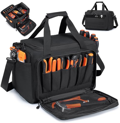 BAGZY Electricians Tool Bag Multi-pockets 600D Oxford 40x30x25cm Tools Organisers Tactical Range Bag for Men and DIY Assembly of Partitions Work Bag for Repairman, Electrician, Carpenters Black